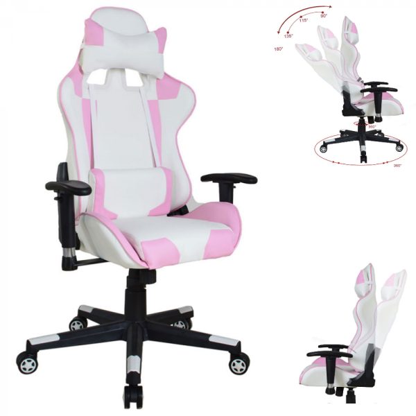 Bureaustoel gamestoel Thomas - racing gaming stijl stoel - ergonomisch - wit roze