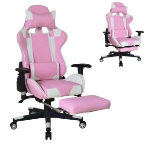 Gamestoel Thomas met voetsteun - bureaustoel racing stijl - ergonomisch - roze wit