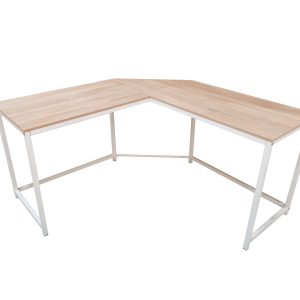 Hoekbureau Stoer - L-vormige computertafel - industrieel vintage - wit metaal met bruin hout