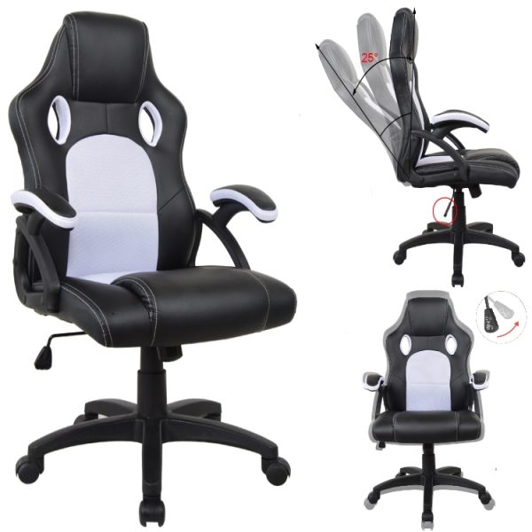 Gamestoel Wouter junior bureaustoel - racing gaming stijl - hoogte verstelbaar - zwart wit