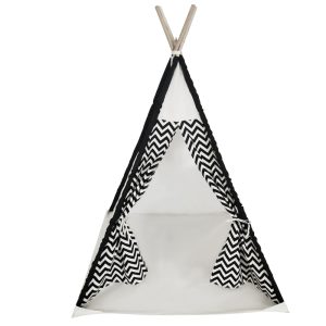 Wigwam tipi speeltent Floortje - indianen tent - met vloer kussen - linnen en katoen - wit zwart