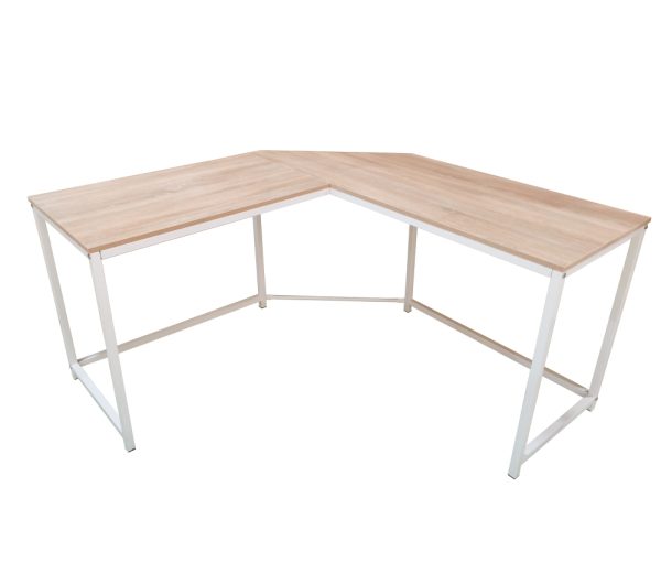 Hoekbureau Stoer - L-vormige computertafel - industrieel vintage - wit metaal met bruin hout