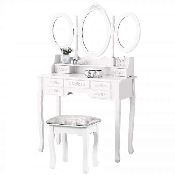 Kaptafel make up visagie toilet tafel met spiegel en krukje wit