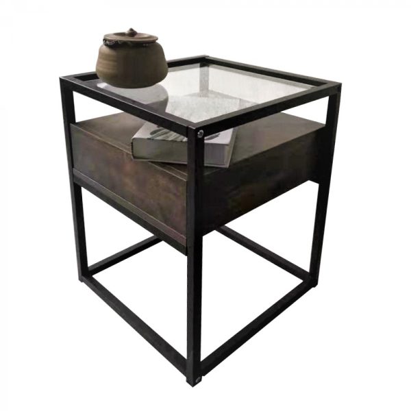 Nachtkastje bijzettafel Stoer met lade - industrieel vintage - zwart metaal bruin hout met glas - Afbeelding 3