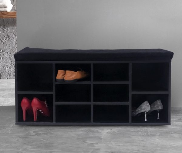 Schoenenkast hal bankje - open schoenenrek - met zitkussen zwart - Afbeelding 2