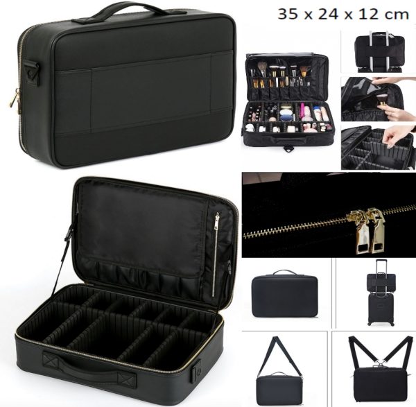 Make up cosmetica tas - beauty case - PU leer - Goudkleurige Rits en Sluiting - standaard 35 x 24 x 12 cm