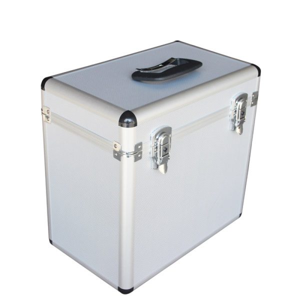 Platenkoffer voor 50 stuks 12 inch LP vinyl afsluitbaar zilver - Meubel Plein