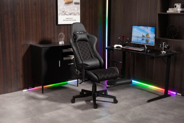 Gamestoel Classic - bureaustoel – voetensteun - stof bekleding – zwart - Meubel Plein