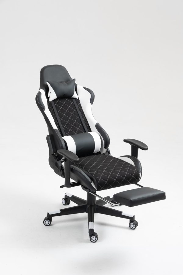 Gamestoel Classic - bureaustoel – voetensteun - stof bekleding - zwart wit - Meubel Plein