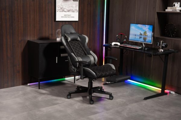 Gamestoel Classic - bureaustoel - voetensteun - stof bekleding - zwart grijs - Meubel Plein
