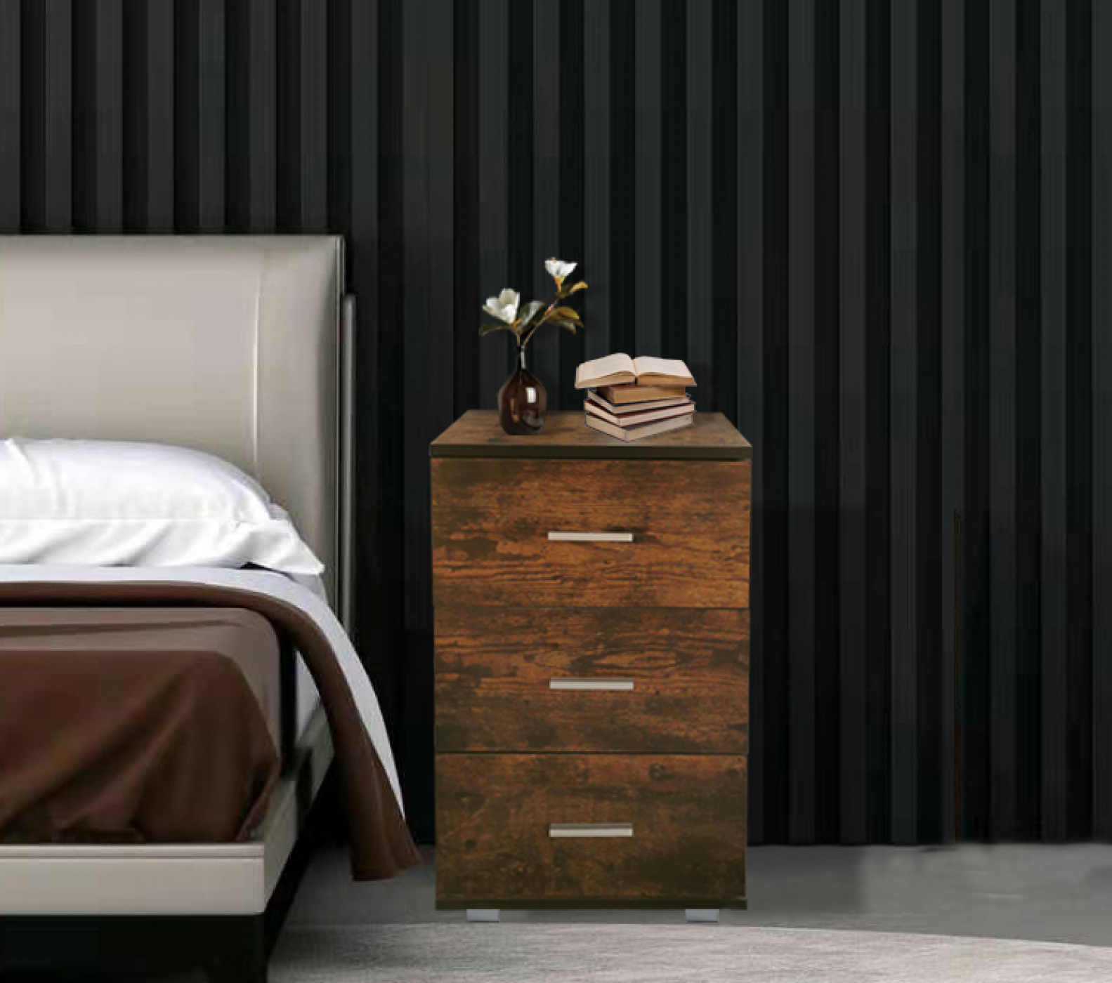 Nachtkastje - halkastje - 3 lades - 63 cm hoog - vintage bruin - alternatieve afbeelding