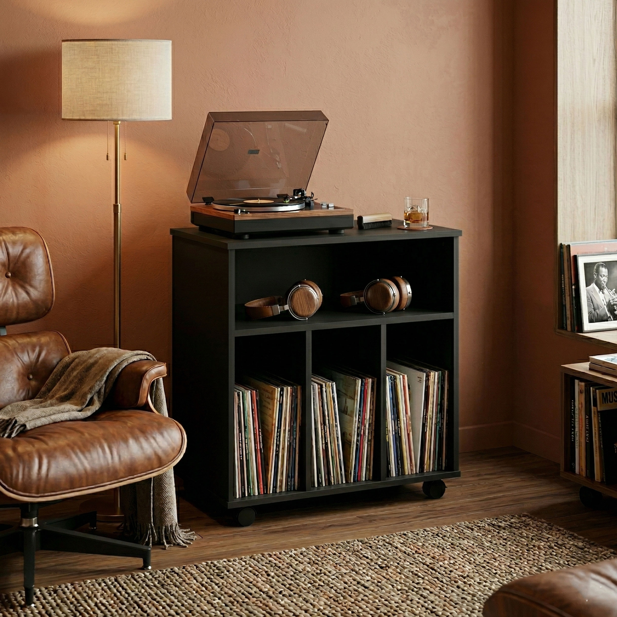 VDD Vinyl Opbergkast - 4 Vakken - Verrijdbaar - 70 x 60 x 40 cm - Zwart - alternatieve afbeelding