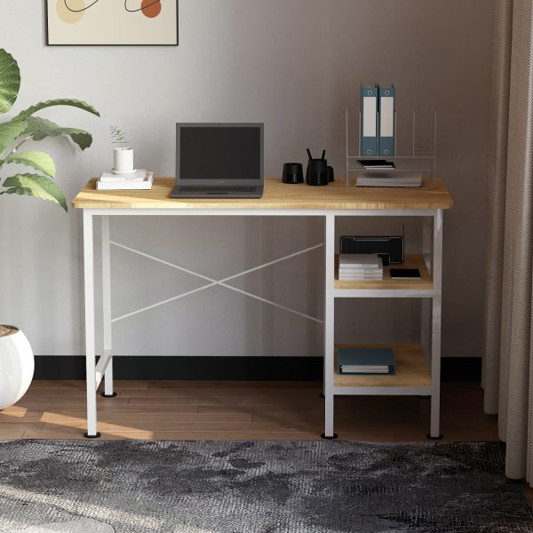 Bureau computer tafel - met opbergplanken - wit metaal bruin hout - 110 cm breed - Meubel Plein