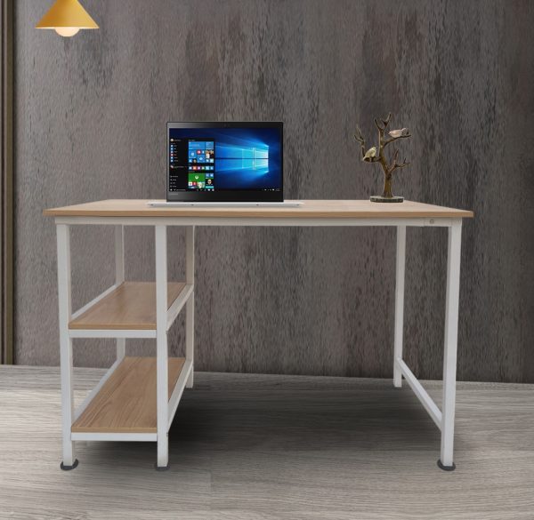 Bureau computer tafel - met opbergplanken - wit metaal bruin hout - 110 cm breed - Meubel Plein