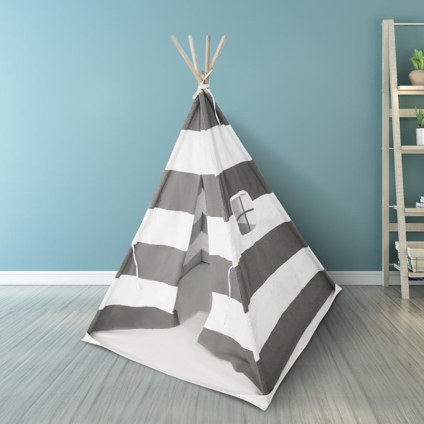 Wigwam tipi speeltent Floortje - indianen tent - met vloer kussen - linnen en katoen - wit grijs - alternatieve afbeelding