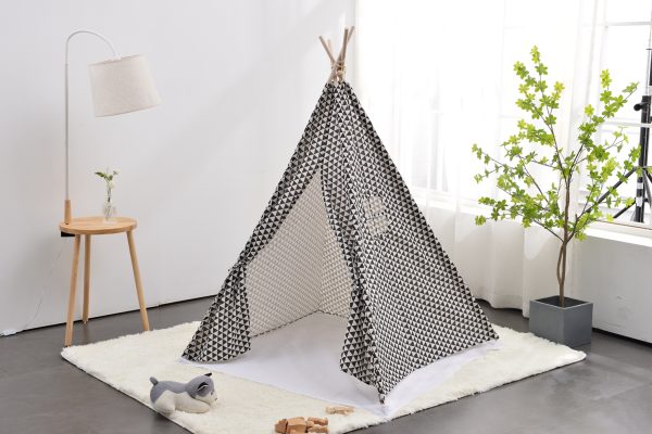 VDD Tipi Tent - Speeltent voor Kinderen - Wigwam Tipi Tent - Met Vloer Kussen - Zwart/ Wit - Meubel Plein