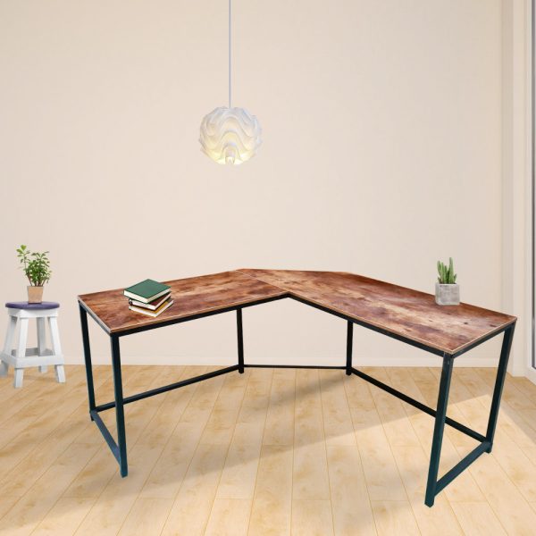 Hoekbureau Stoer - L-vormige computertafel - industrieel vintage - zwart metaal met bruin hout - Meubel Plein