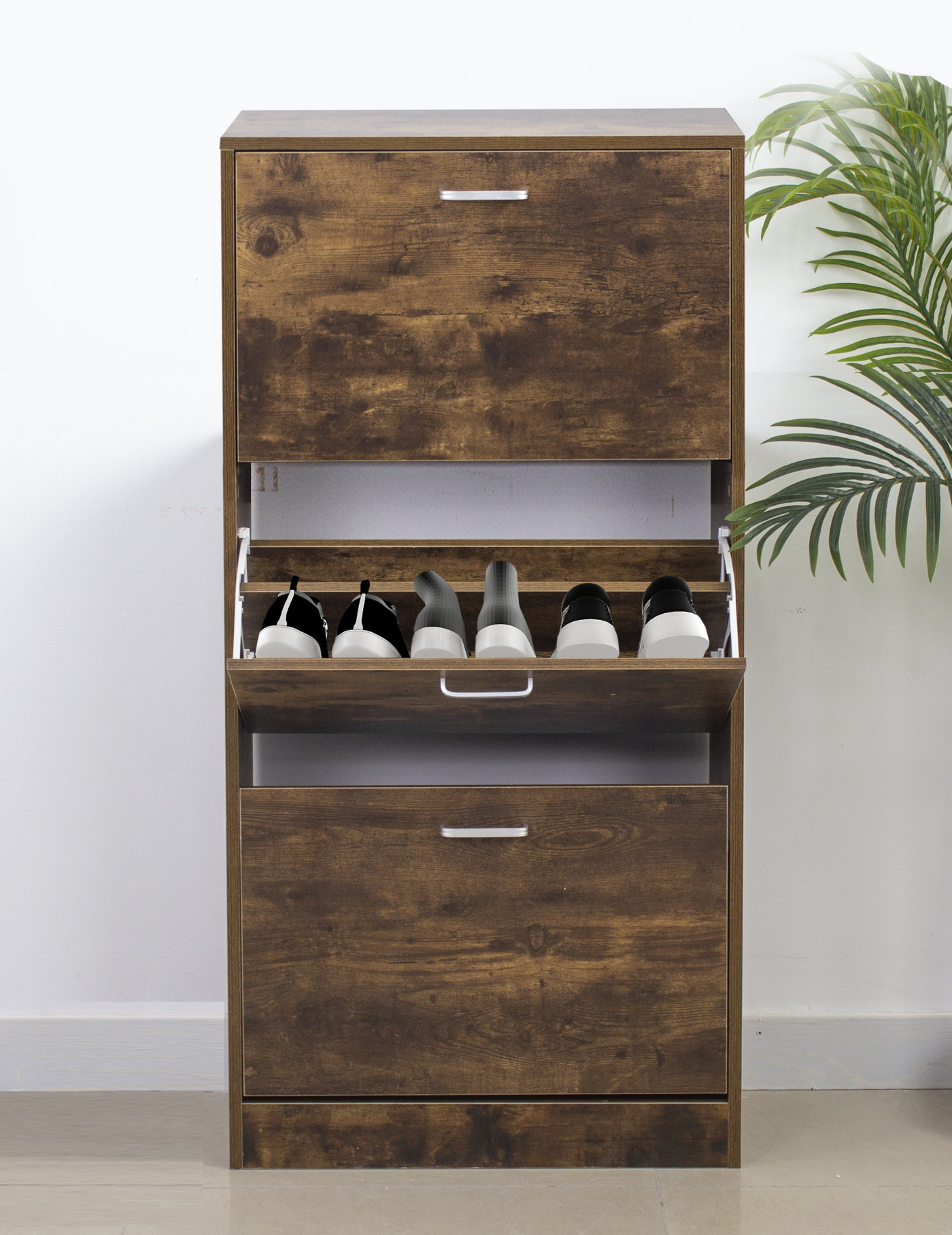 Schoenenkast - schoenenrek - 3 vakken met klepdeuren - donkerbruin - alternatieve afbeelding