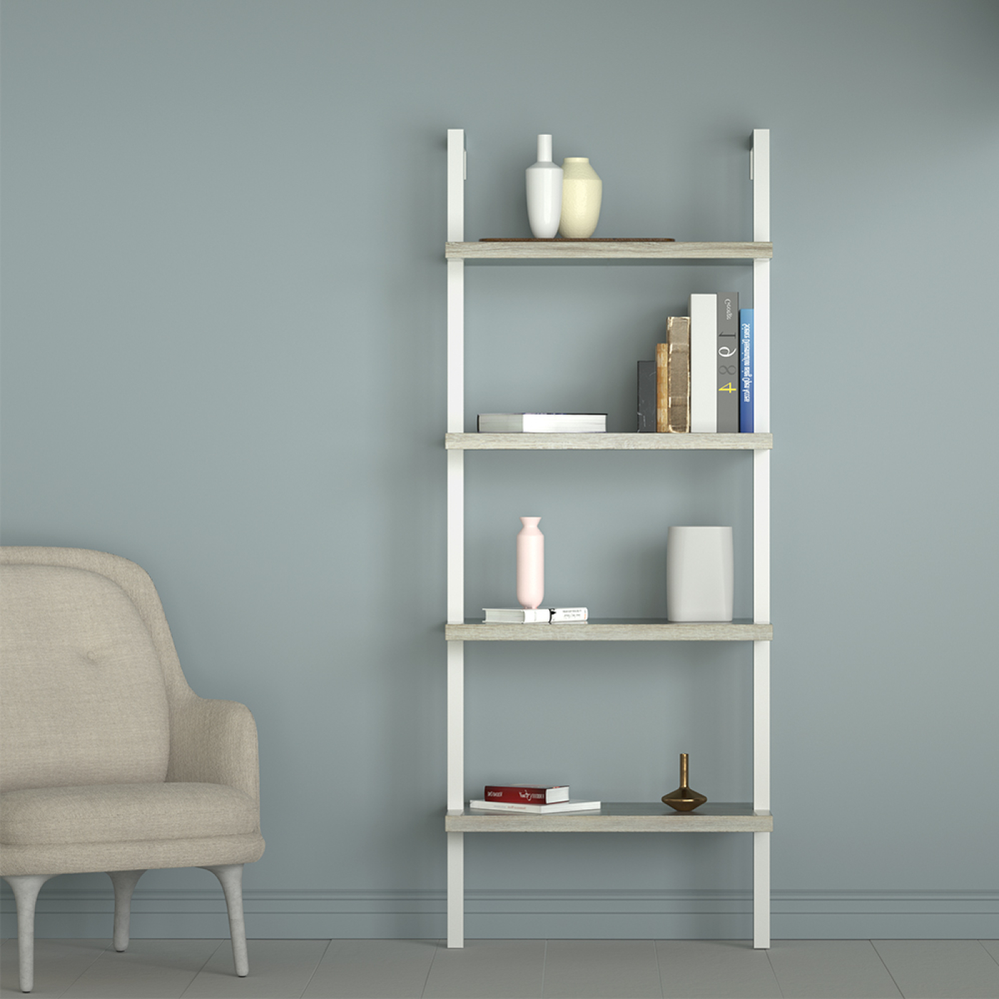 Wandrek ladder boekenkast Stoer - industrieel metaal hout - 152 cm hoog - wit - alternatieve afbeelding