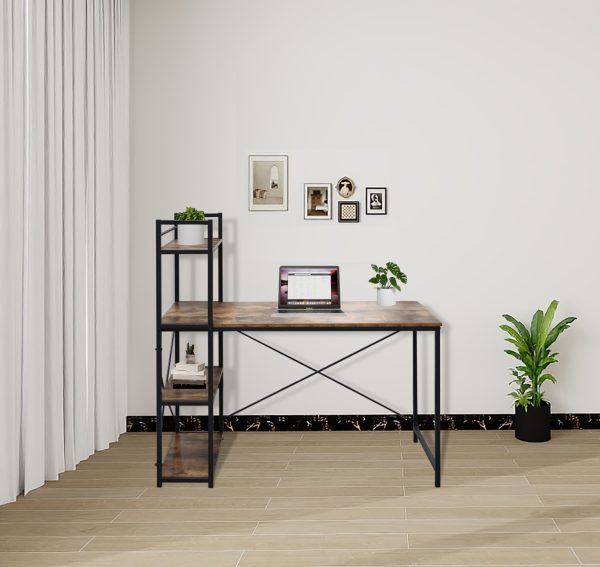 Bureau computertafel Stoer - 3 opbergplanken - industrieel vintage bruin - metaal hout - Meubel Plein