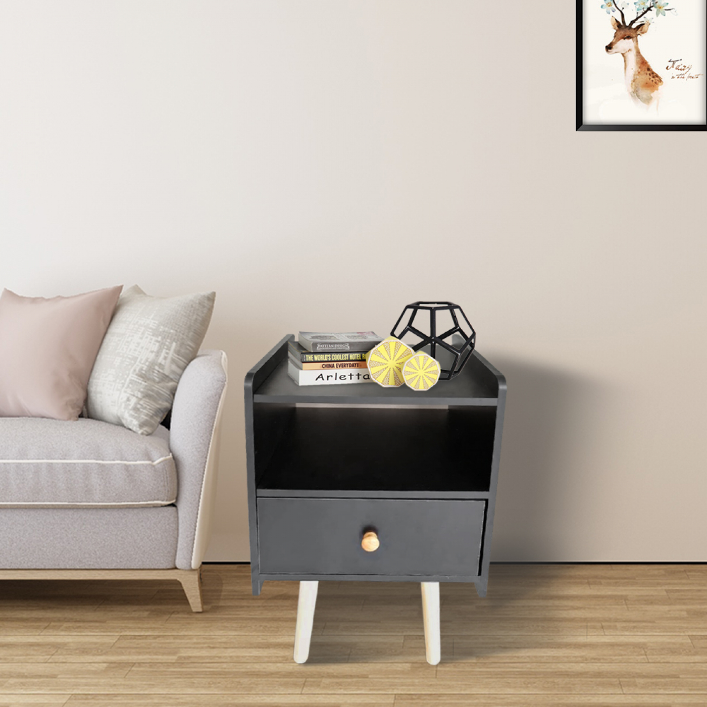 Nachtkastje Pukkie - bijzettafel - tafeltje hal woonkamer - 58 cm hoog - zwart - alternatieve afbeelding