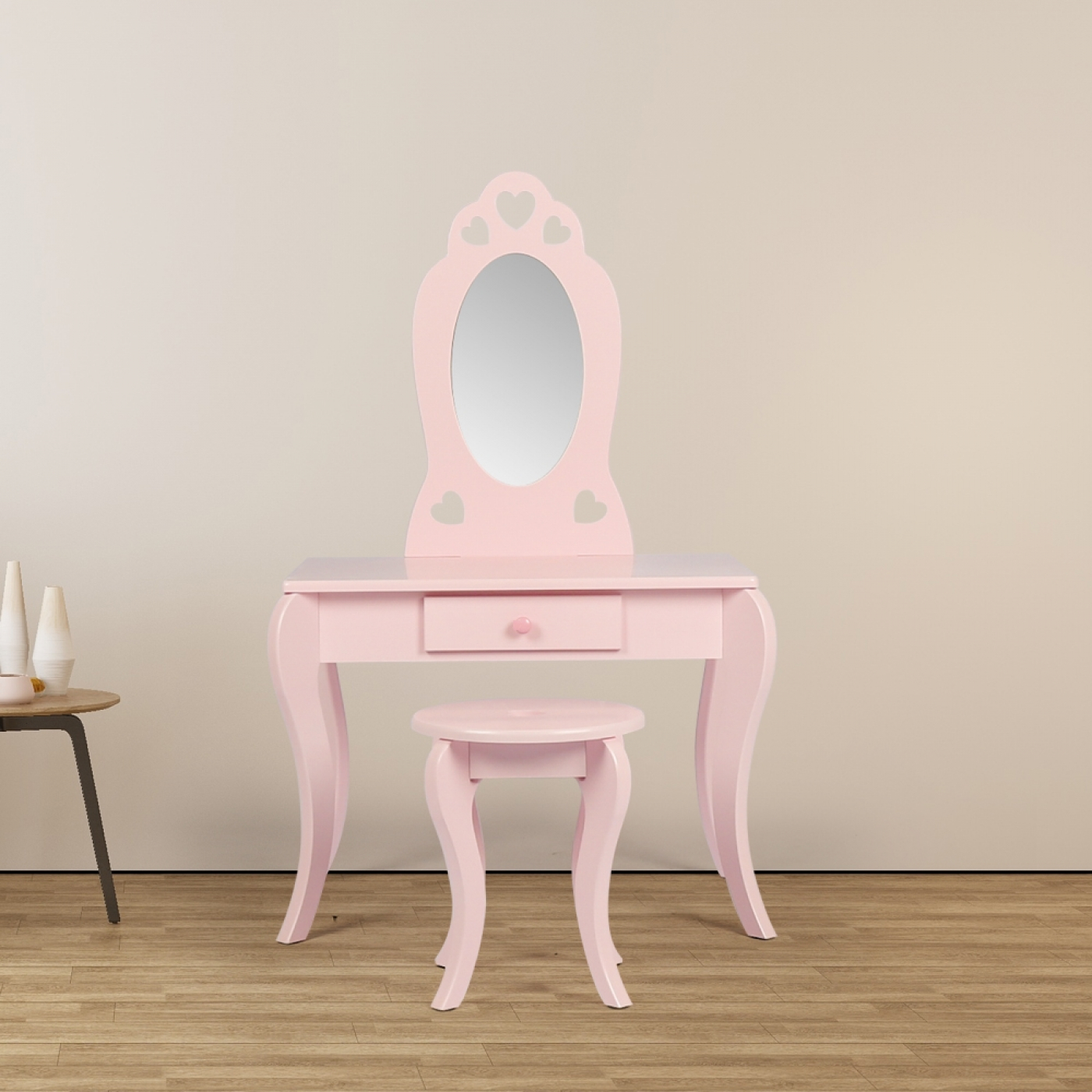 Kaptafel make up visagie tafel hartje design kinderkamer meisje met krukje roze - alternatieve afbeelding