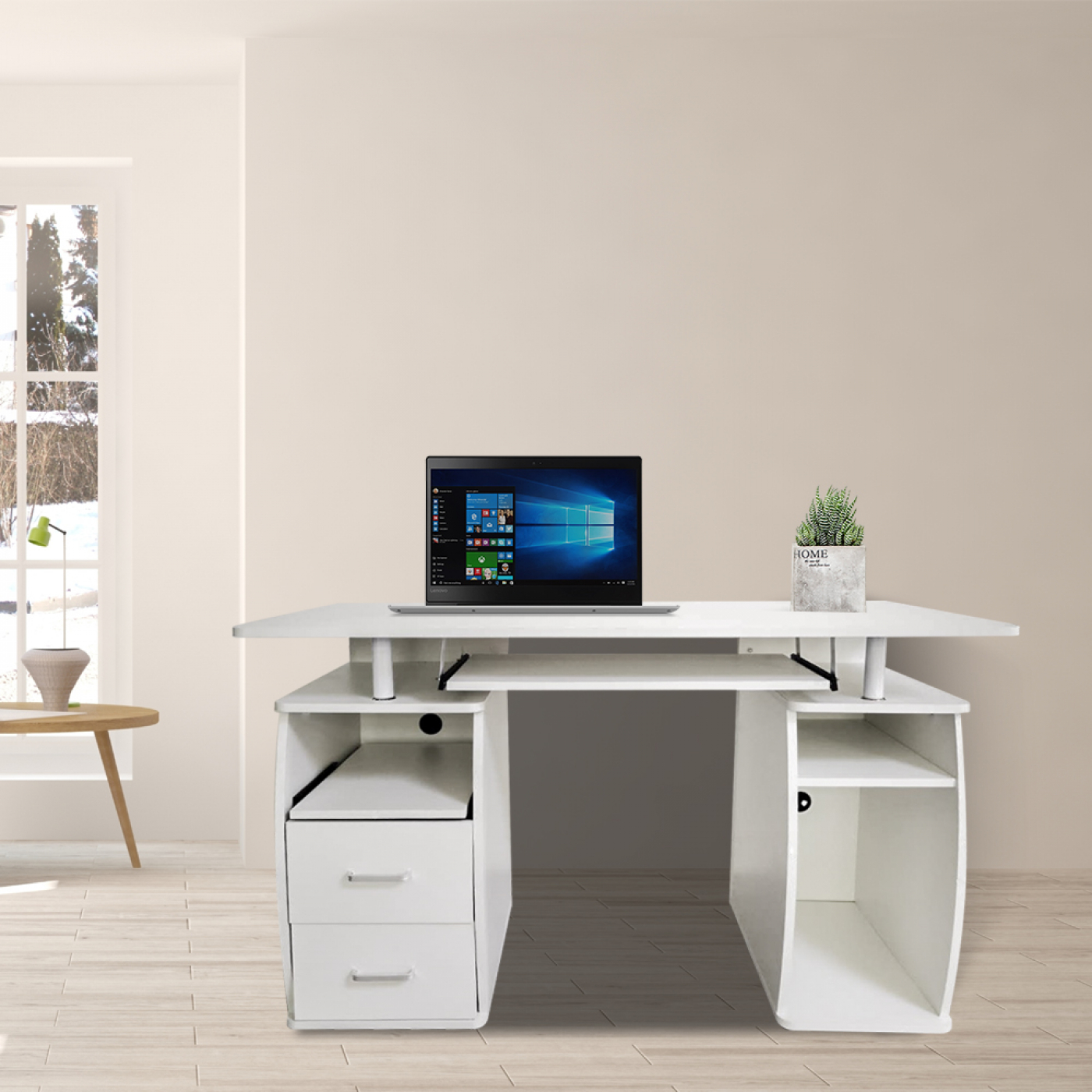 Bureau computertafel - praktisch veel opbergruimte in lades en vakken - 120 cm breed - wit - alternatieve afbeelding