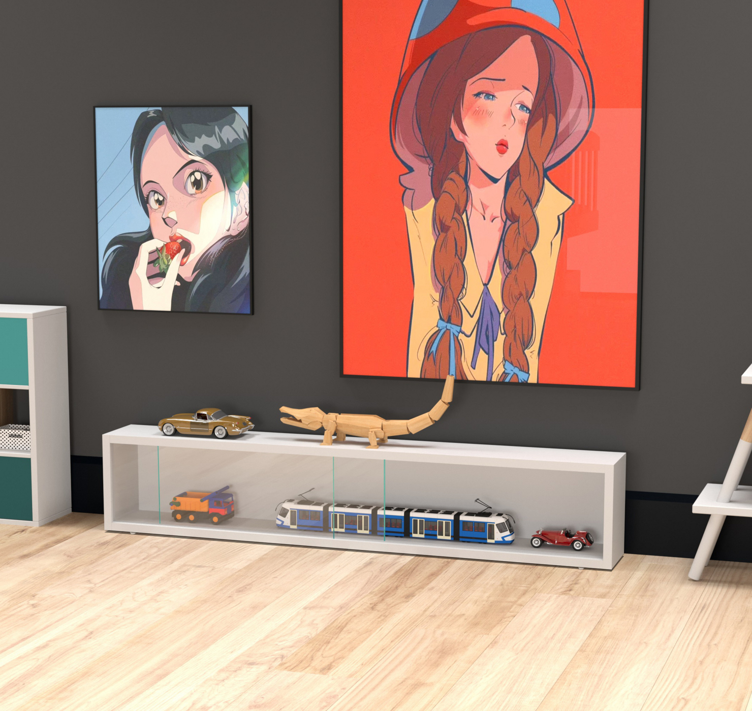 Vitrinekastje staande hangende wandvitrine - schuifdeuren - 95 x 18 x 12 cm - alternatieve afbeelding