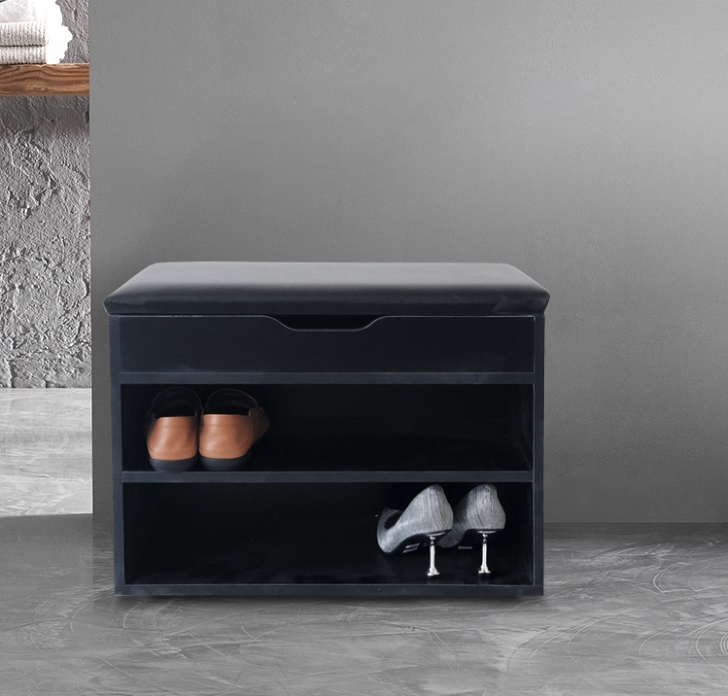 Schoenenbankje  - schoenenkast met zitkussen - schoenenrek - zwart - alternatieve afbeelding