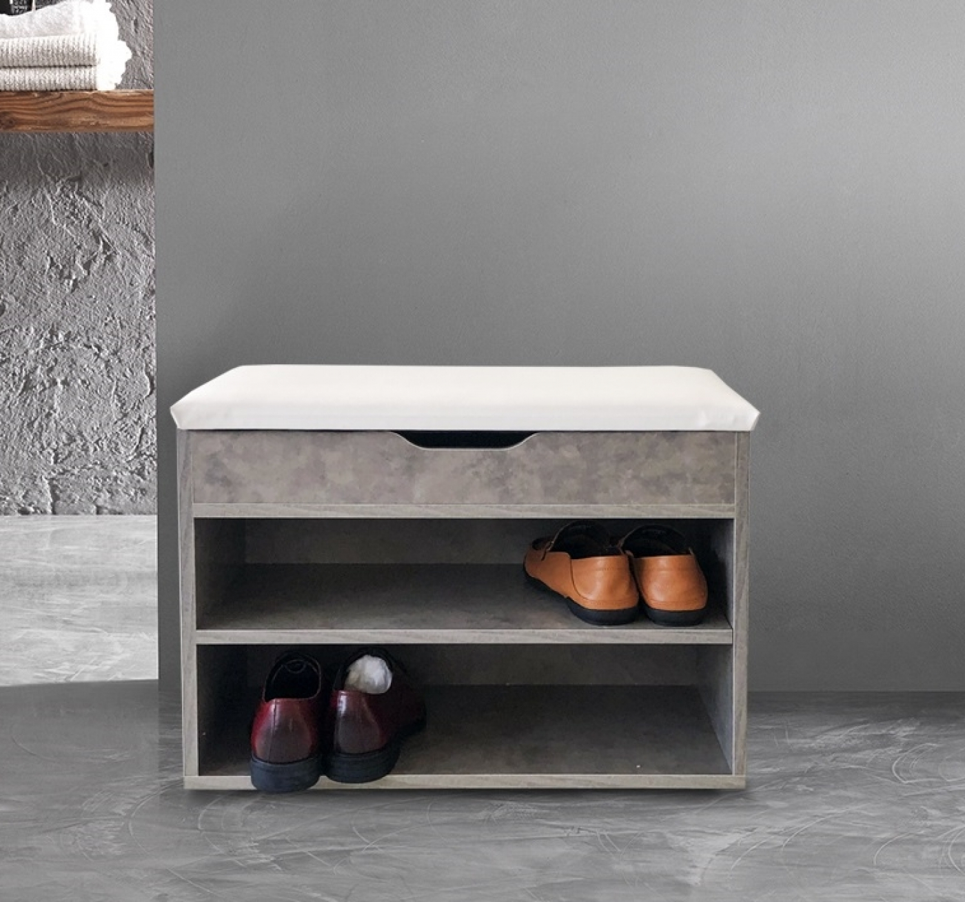 Halbankje schoenen opbergvakken - schoenenrek met zitkussen - industrieel grijs beton - alternatieve afbeelding