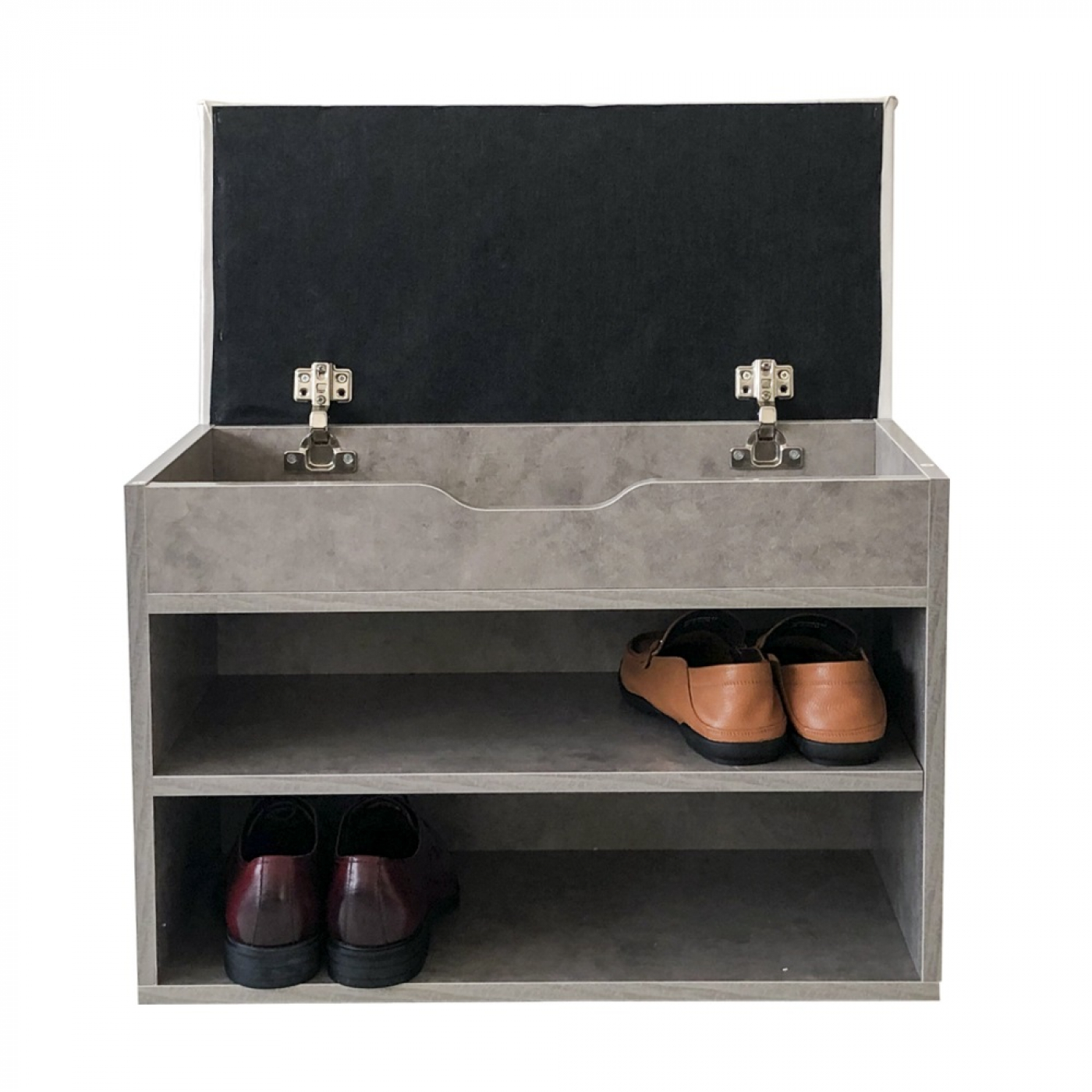 Halbankje schoenen opbergvakken - schoenenrek met zitkussen - industrieel grijs beton - Meubel Plein Halbankje schoenen opbergvakken - schoenenrek met zitkussen - industrieel grijs beton - Meubel Plein