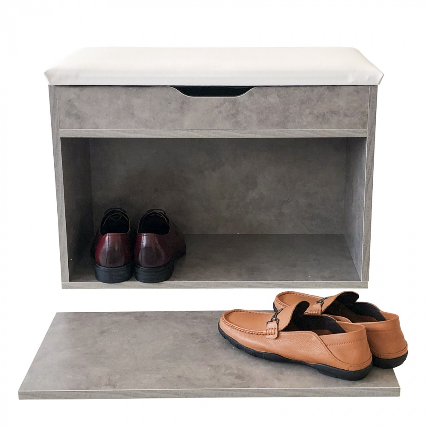 Halbankje schoenen opbergvakken - schoenenrek met zitkussen - industrieel grijs beton - Meubel Plein Halbankje schoenen opbergvakken - schoenenrek met zitkussen - industrieel grijs beton - Meubel Plein