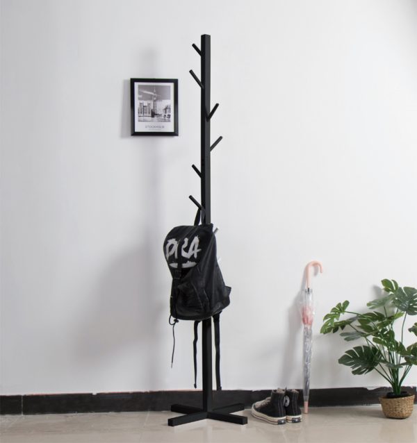 Staande kapstok hout - boom kapstok 8 haken - 176 cm hoog - zwart - Meubel Plein