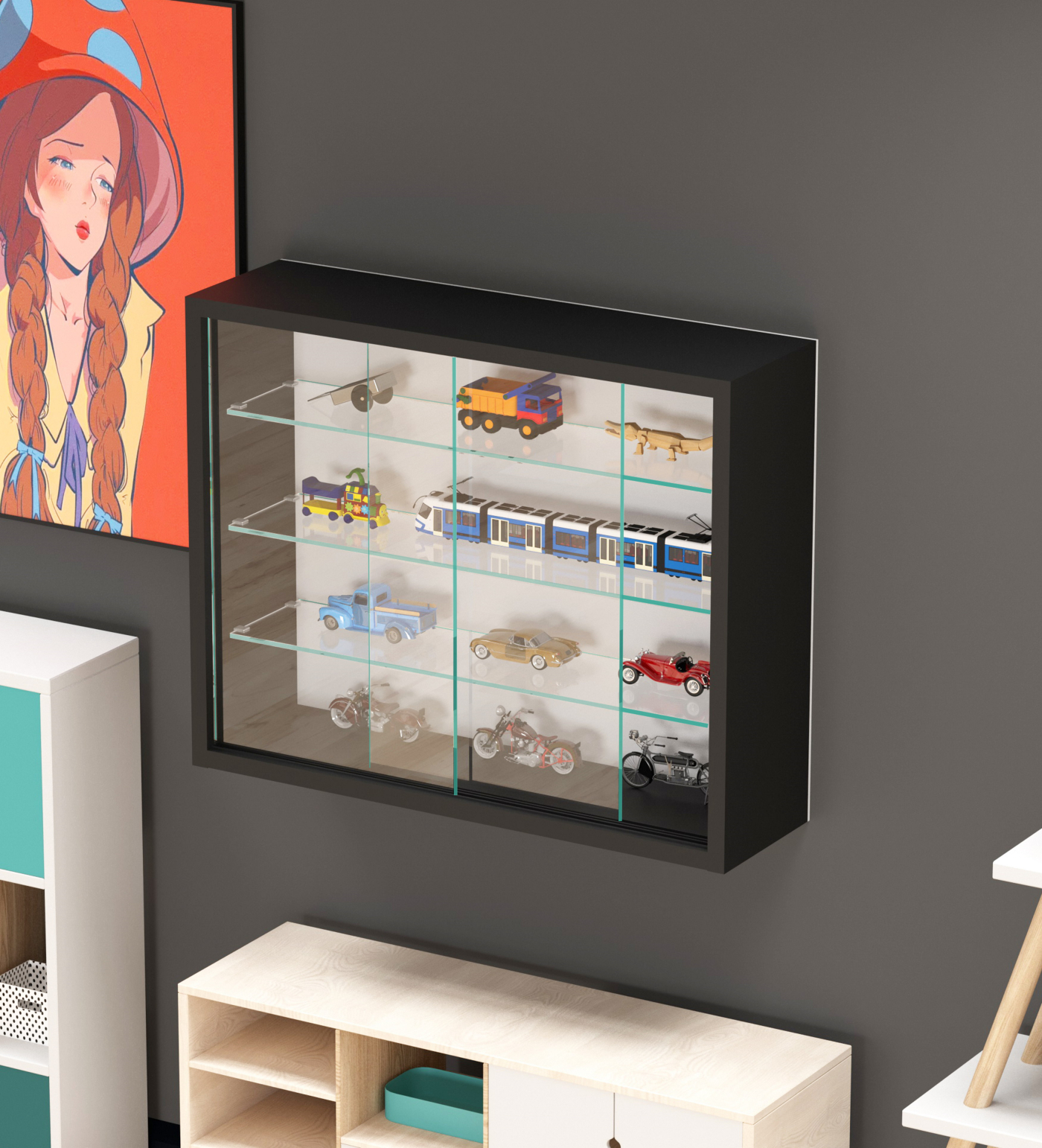 Vitrinekastje staande hangende wandvitrine - schuifdeuren - 50 x 40 x 13 cm - alternatieve afbeelding