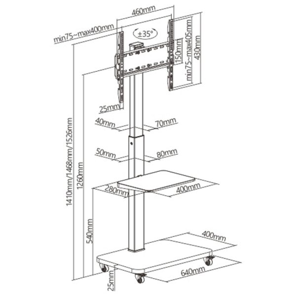 VDD - TV statief - TV statief verrijdbaar - TV statief zwart - TV standaard - TV statief met plank - TV standaard verrijdbaar - draaibaar - 32 inch tot 65 inch - Meubel Plein