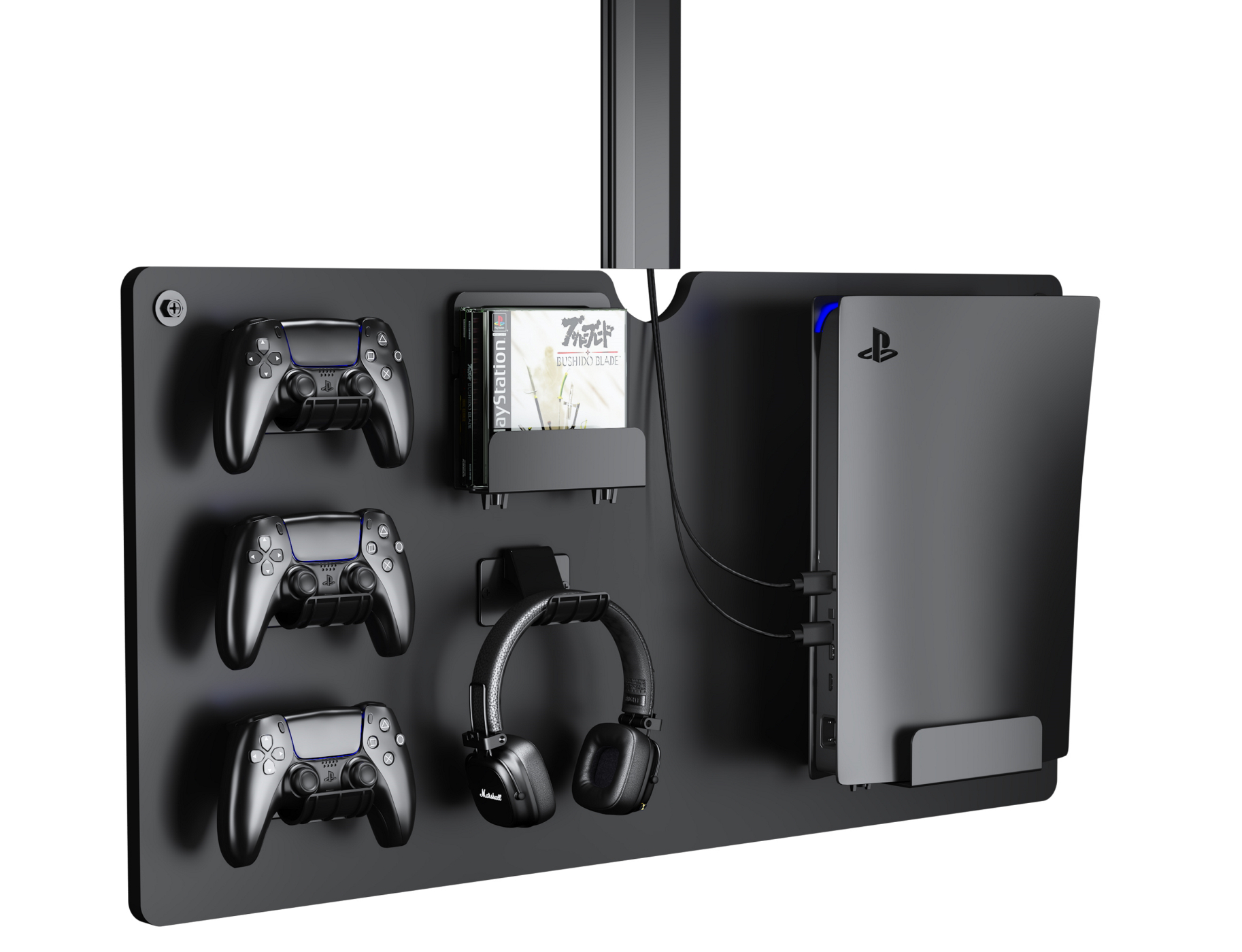 Wandplank voor opbergen van spelcomputer console controllers en headset