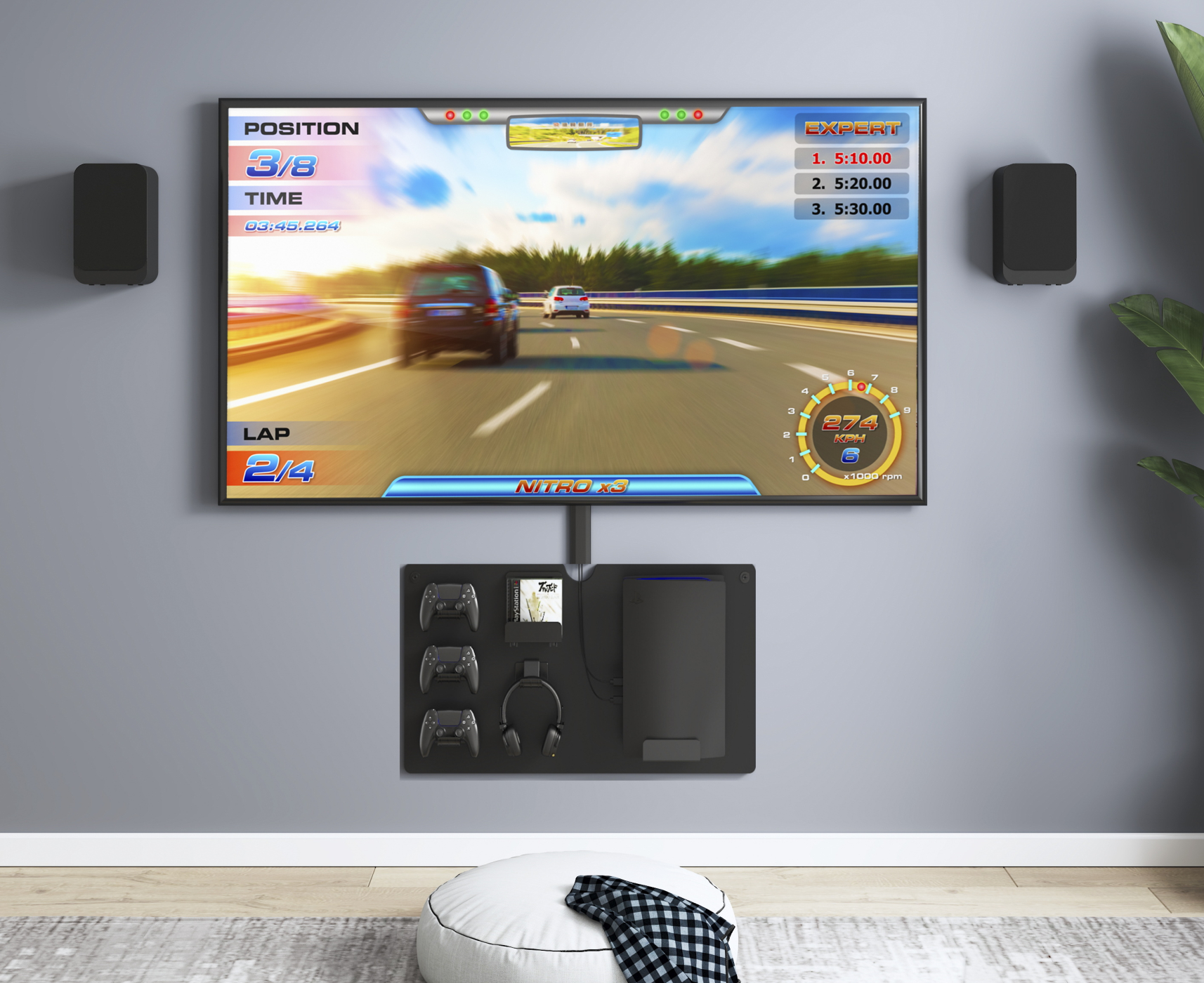 Wandplank voor opbergen van spelcomputer console controllers en headset - alternatieve afbeelding