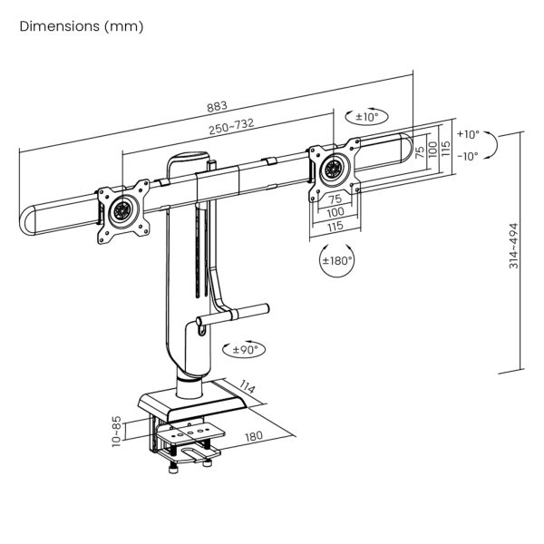 VDD - monitormarm - hoogteverstelbaar - 2 monitoren - klemmend - Meubel Plein