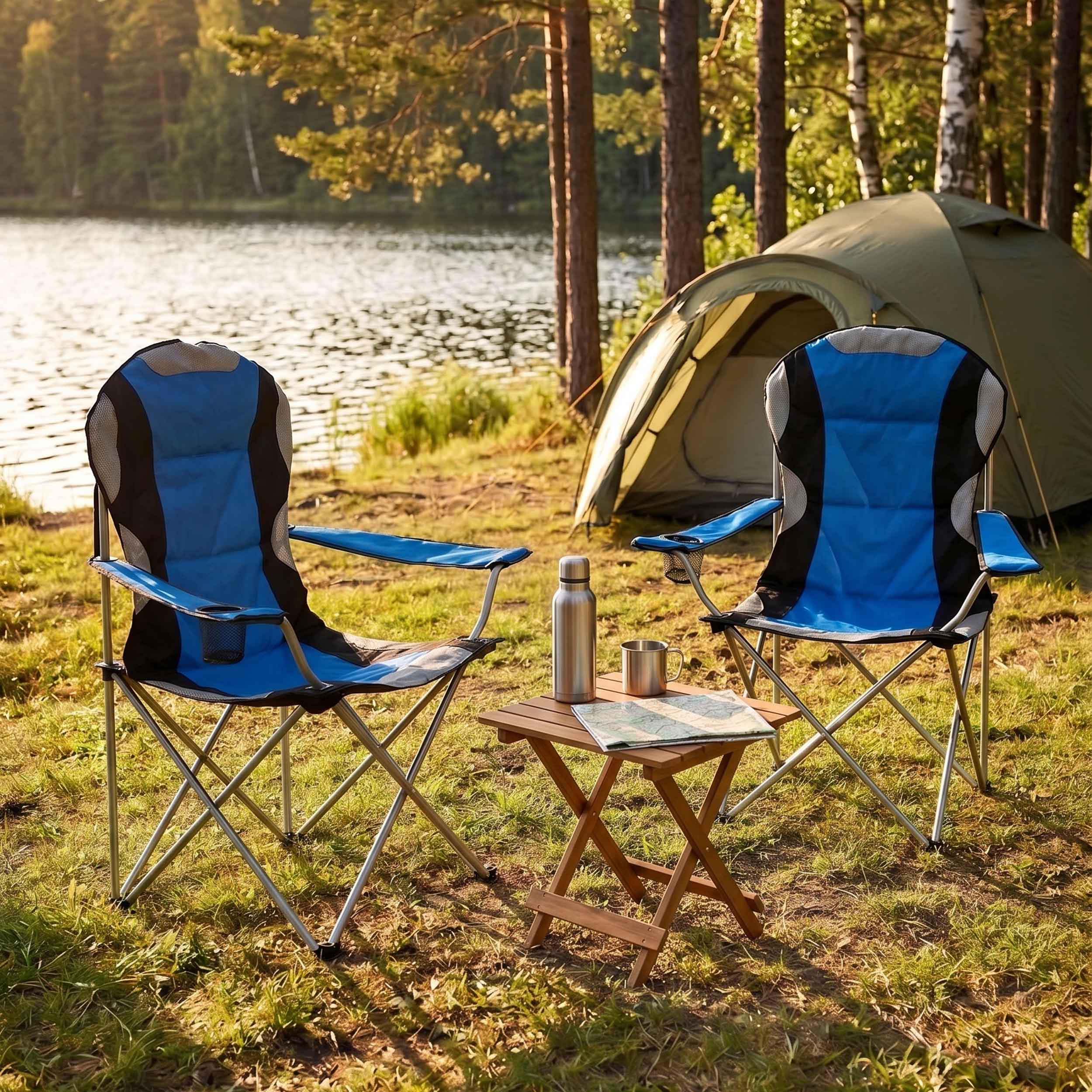 VDD - campingstoel - vouwstoel - campingstoel opvouwbaar - camping stoel - campingstoelen - campingstoel opvouwbaar - opvouwbaar - bekerhouder - blauw - set van 2 - alternatieve afbeelding