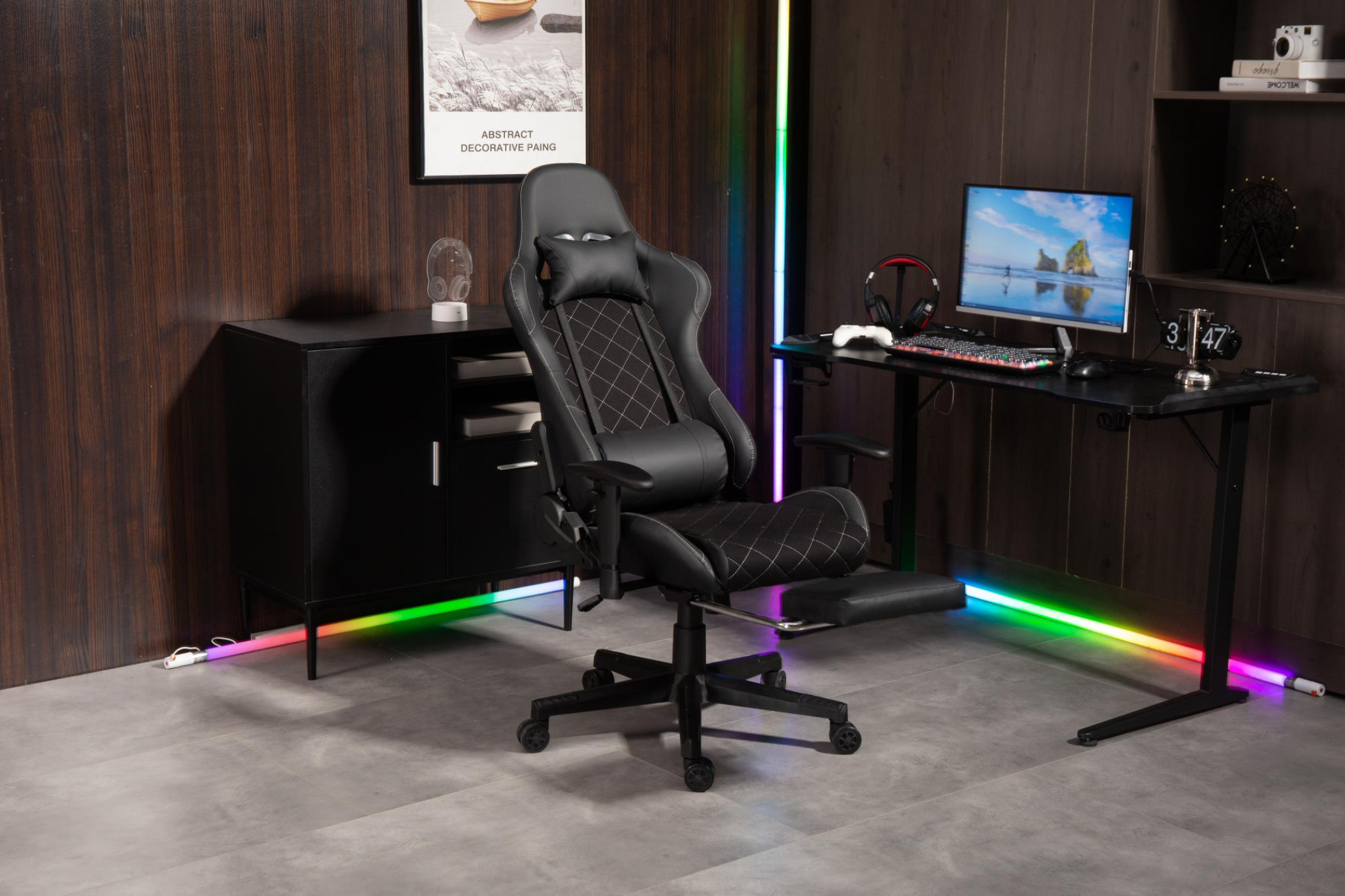 Gamestoel Classic - bureaustoel – voetensteun -  stof bekleding – zwart - alternatieve afbeelding