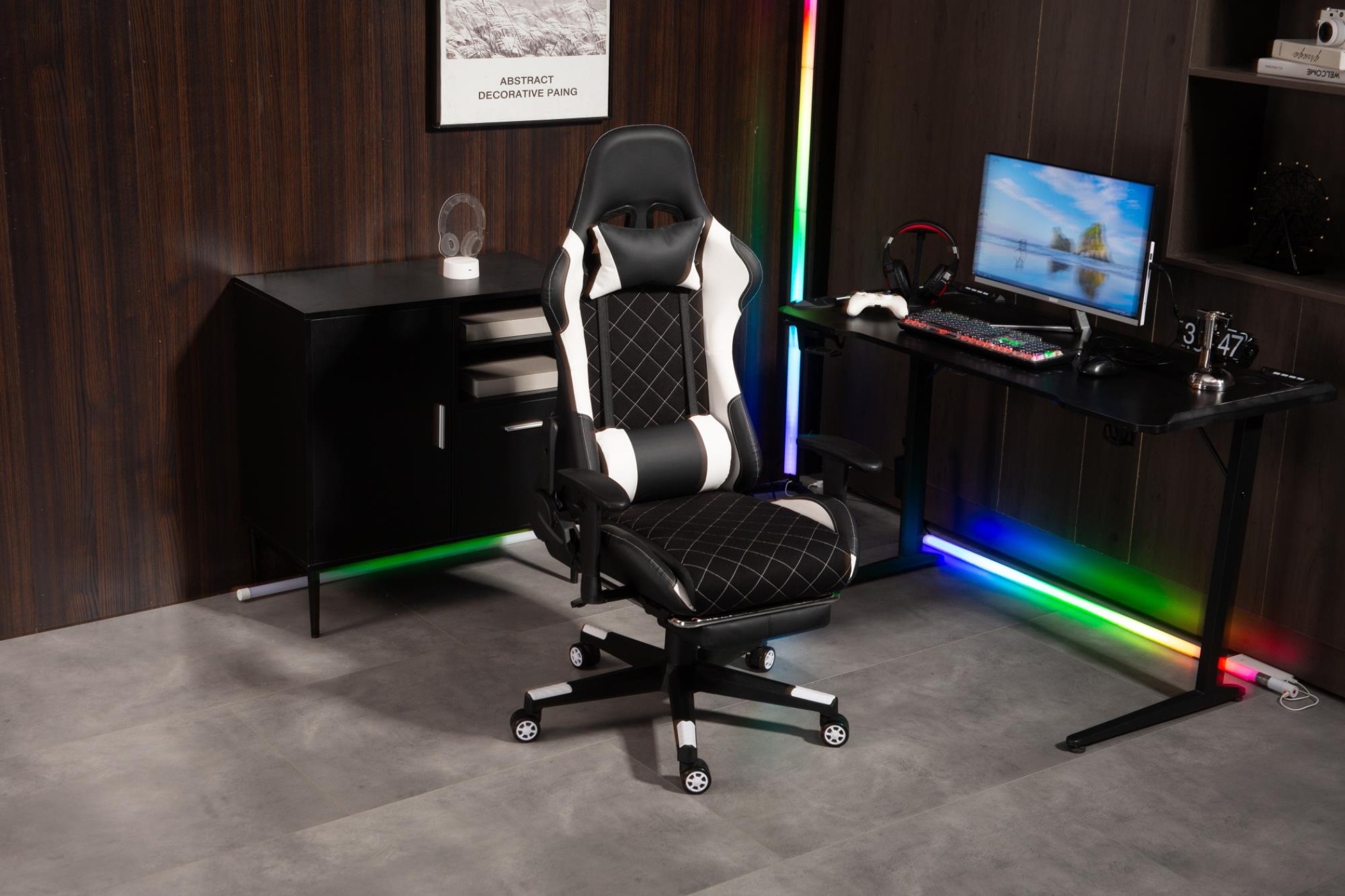 Gamestoel Classic - bureaustoel – voetensteun - stof bekleding - zwart wit - alternatieve afbeelding