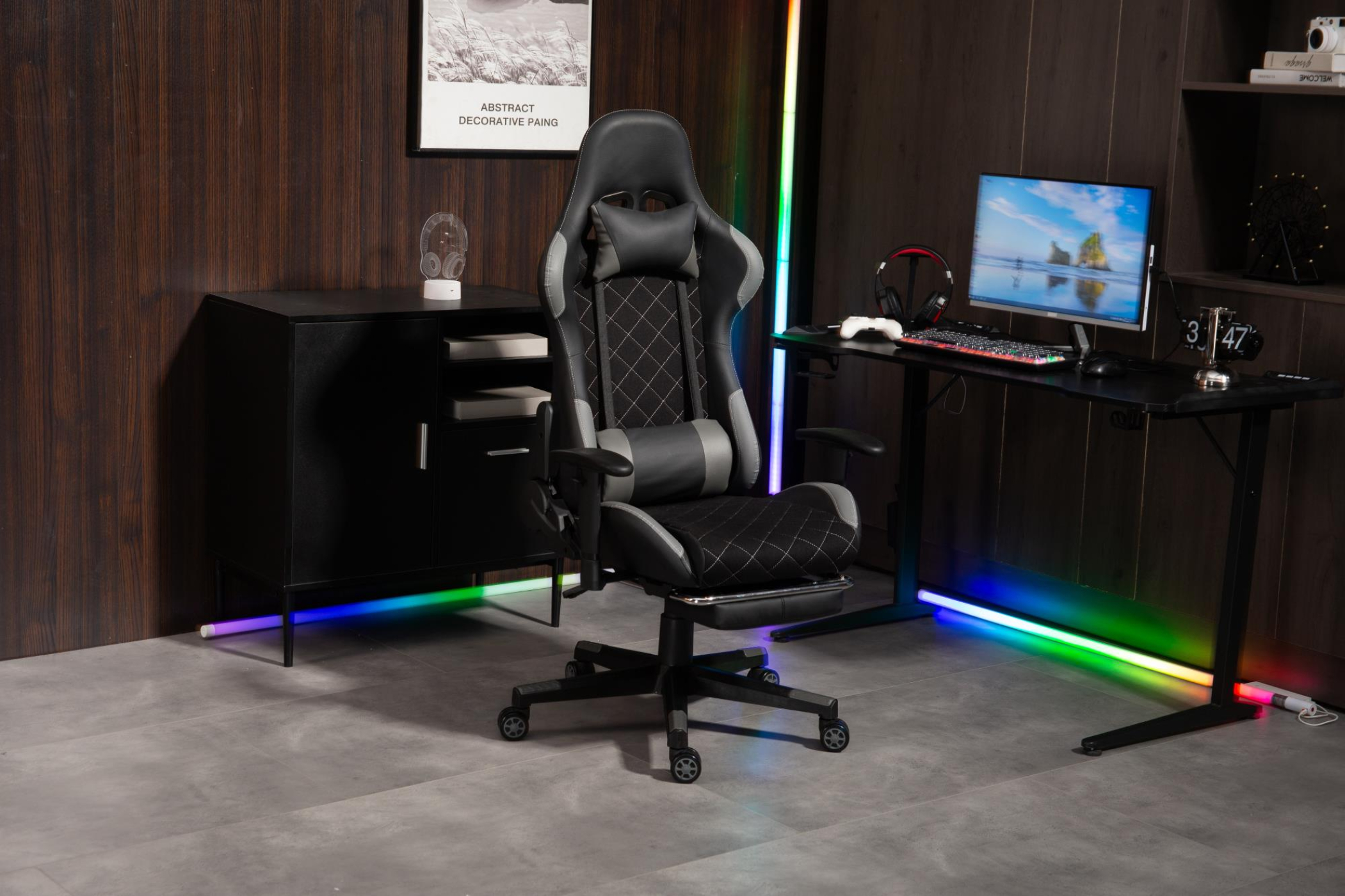 Gamestoel Classic - bureaustoel - voetensteun - stof bekleding - zwart grijs - alternatieve afbeelding