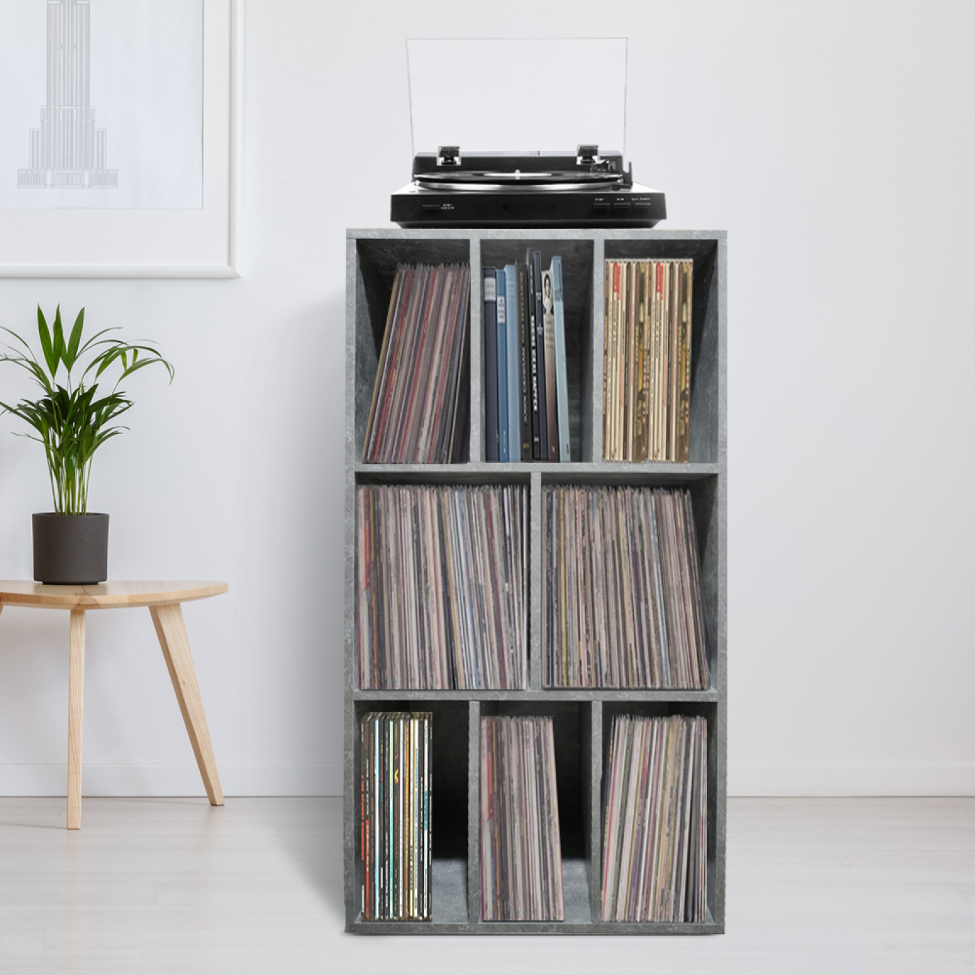 LP vinyl opbergkast - platenkast - opbergen lp vinyl platen - boekenkast - 8 vakken - grijs beton look - alternatieve afbeelding