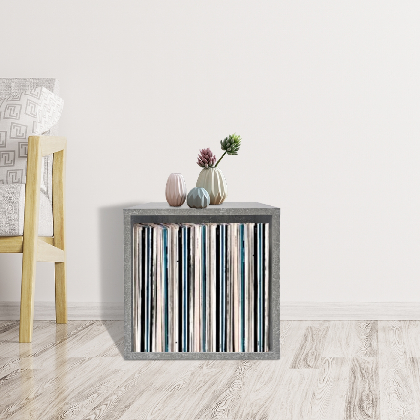 LP vinyl opbergkast kubus - platen lp vinyl opbergkast rek - industrieel grijs beton look - alternatieve afbeelding