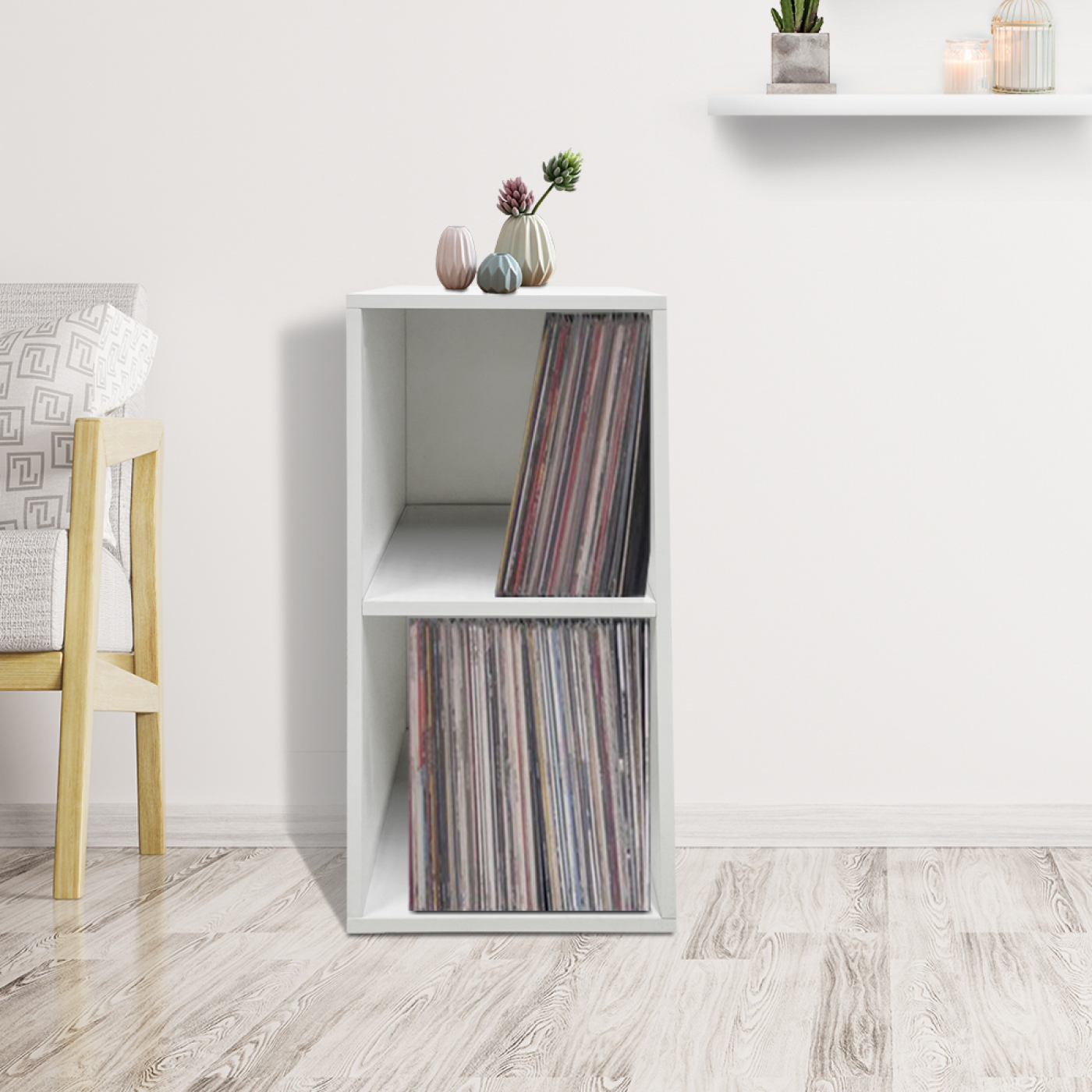 Vinyl lp platen opbergkast - opbergen lp vinyl platen - boekenkast - 2 vakken - wit - alternatieve afbeelding