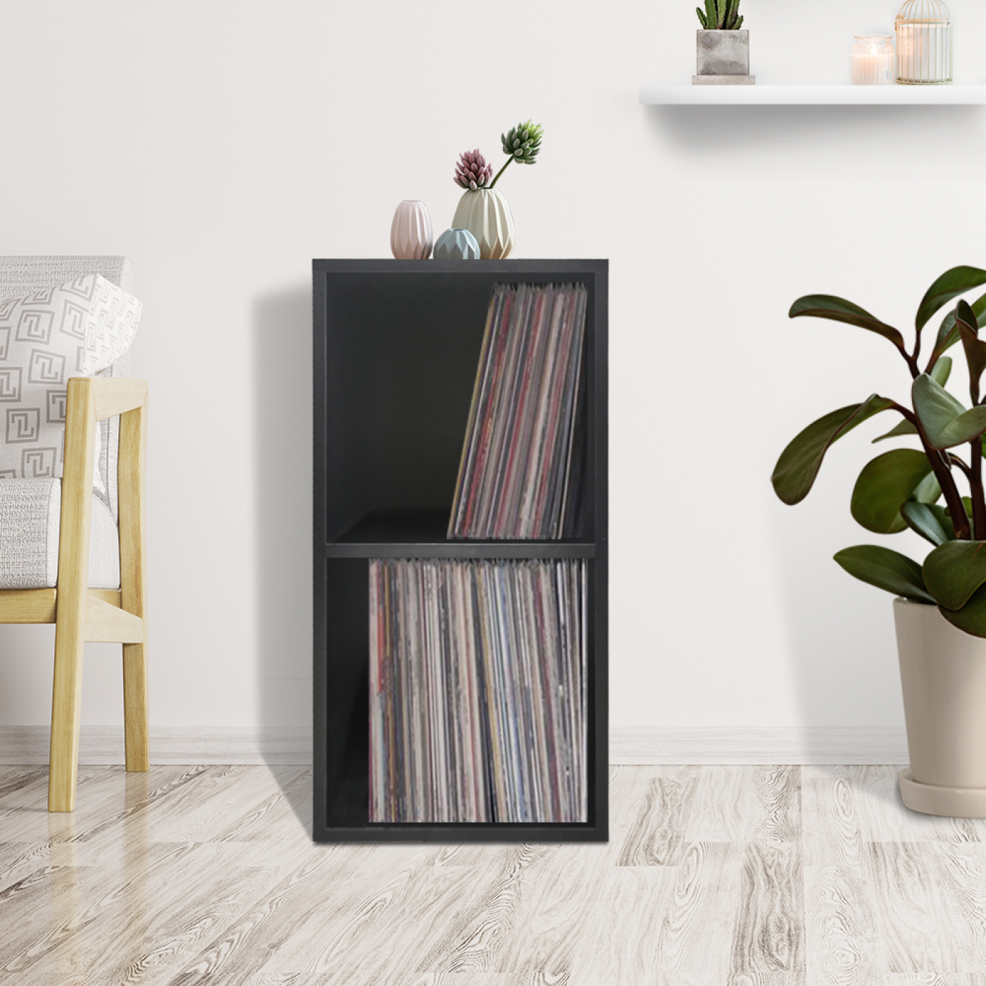 Vinyl lp platen opbergkast - opbergen lp vinyl platen - boekenkast - 2 vakken - zwart - alternatieve afbeelding