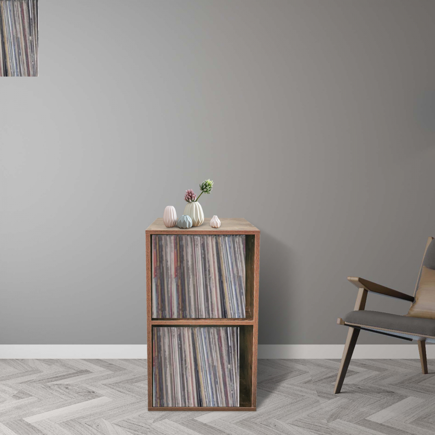 VDD Vinyl lp platen opbergkast - LP Opbergen - Vinyl Platen Kast - Boekenkast - 2 Vakken - Walnoot - alternatieve afbeelding