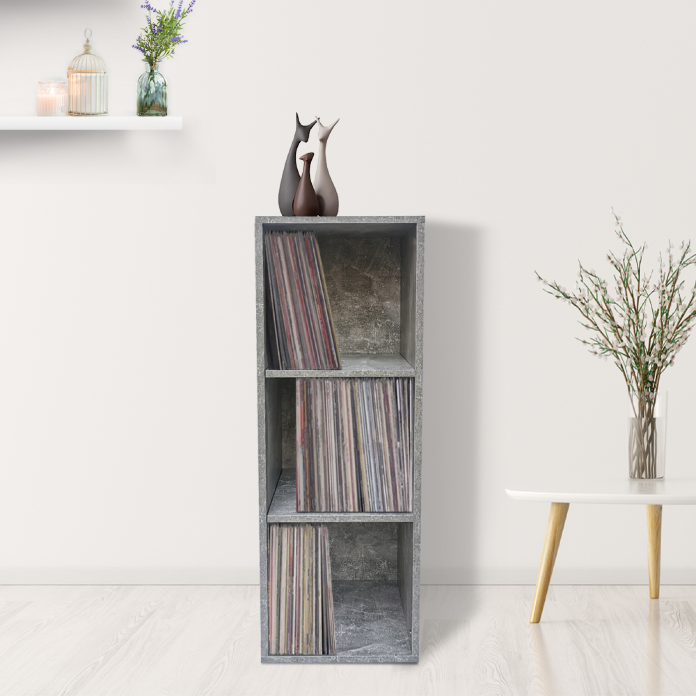 Lp platen vinyl opbergkast - opbergen lp vinyl platen - boekenkast - 3 vakken - grijs beton - alternatieve afbeelding