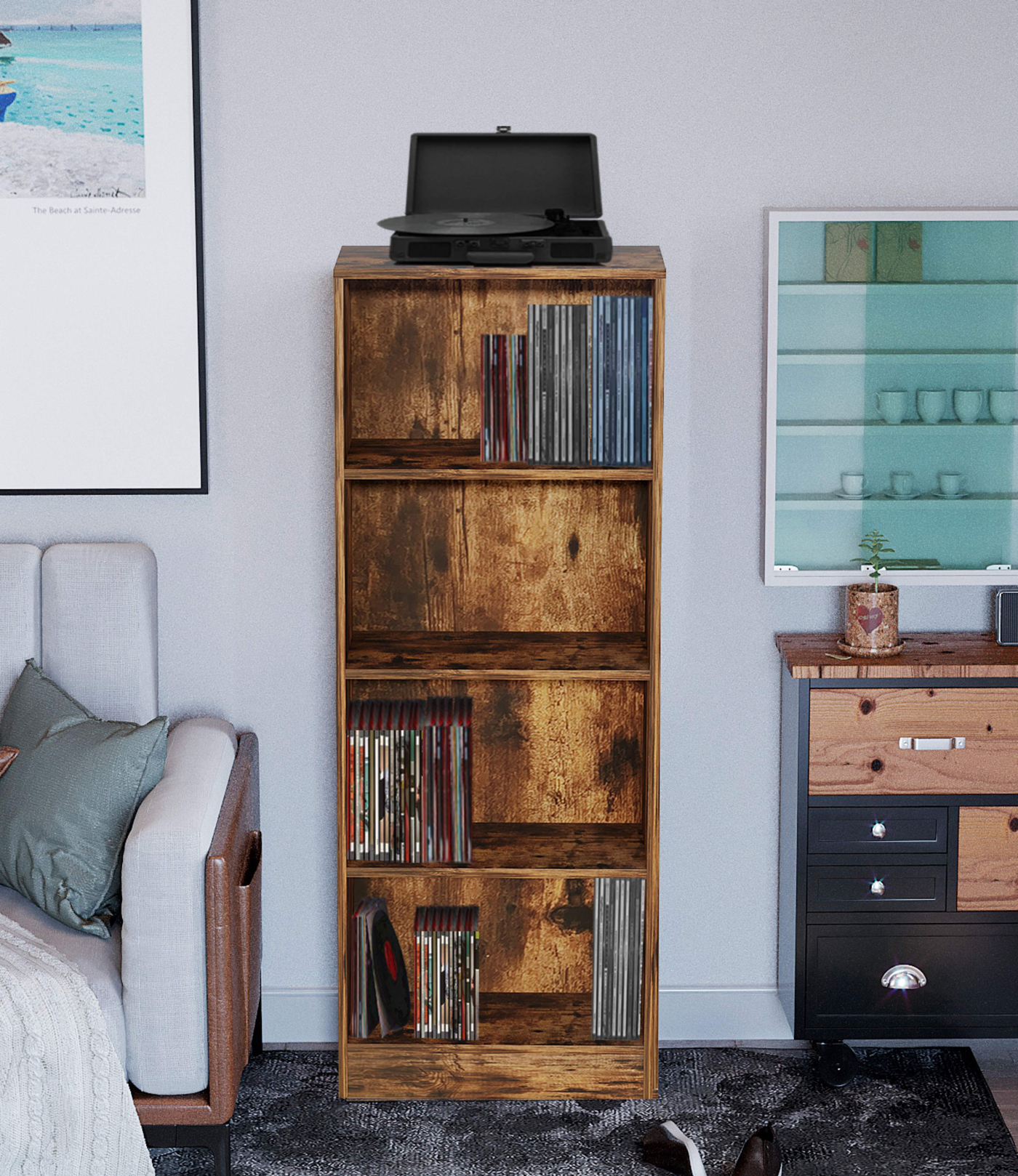 Boekenkast - open vakkenkast - wandkast - 130 cm hoog - walnoot bruin vintage kleur - alternatieve afbeelding