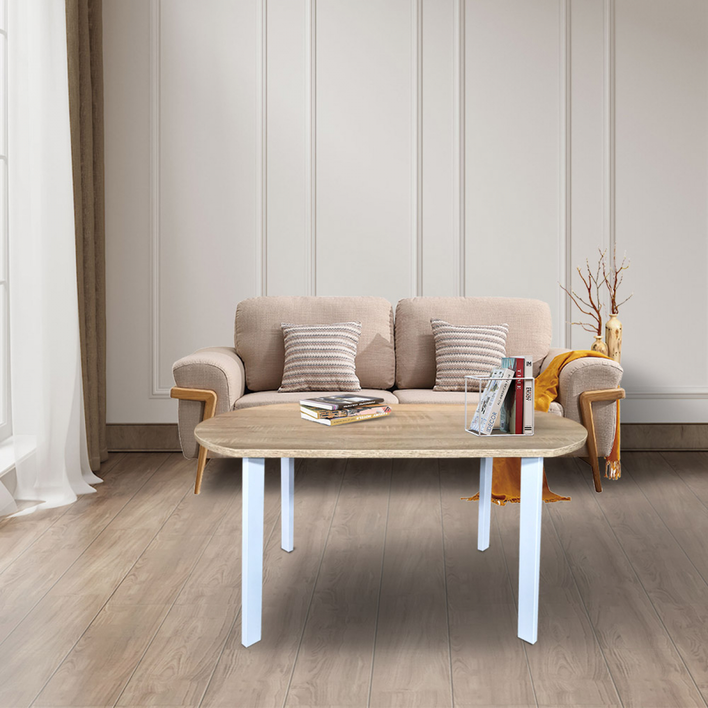 Salontafel - metaal hout - 90 x 50 cm - wit lichtbruin - alternatieve afbeelding